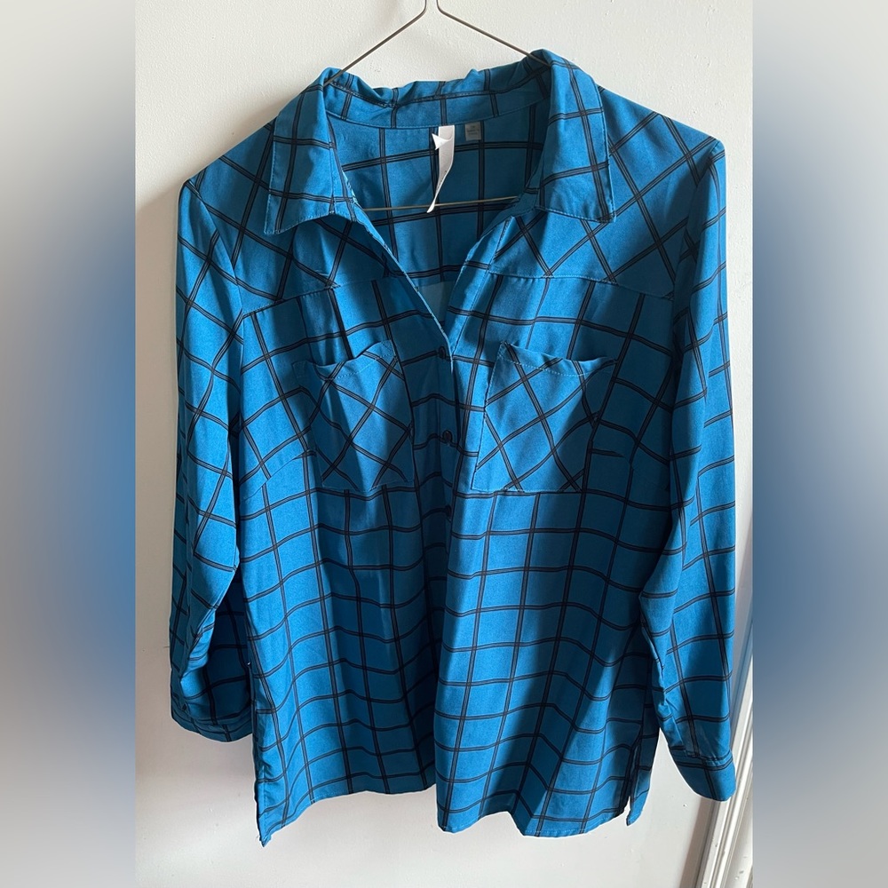 EUC: A beautiful blue striped button up shirt (brand NY Collection.
